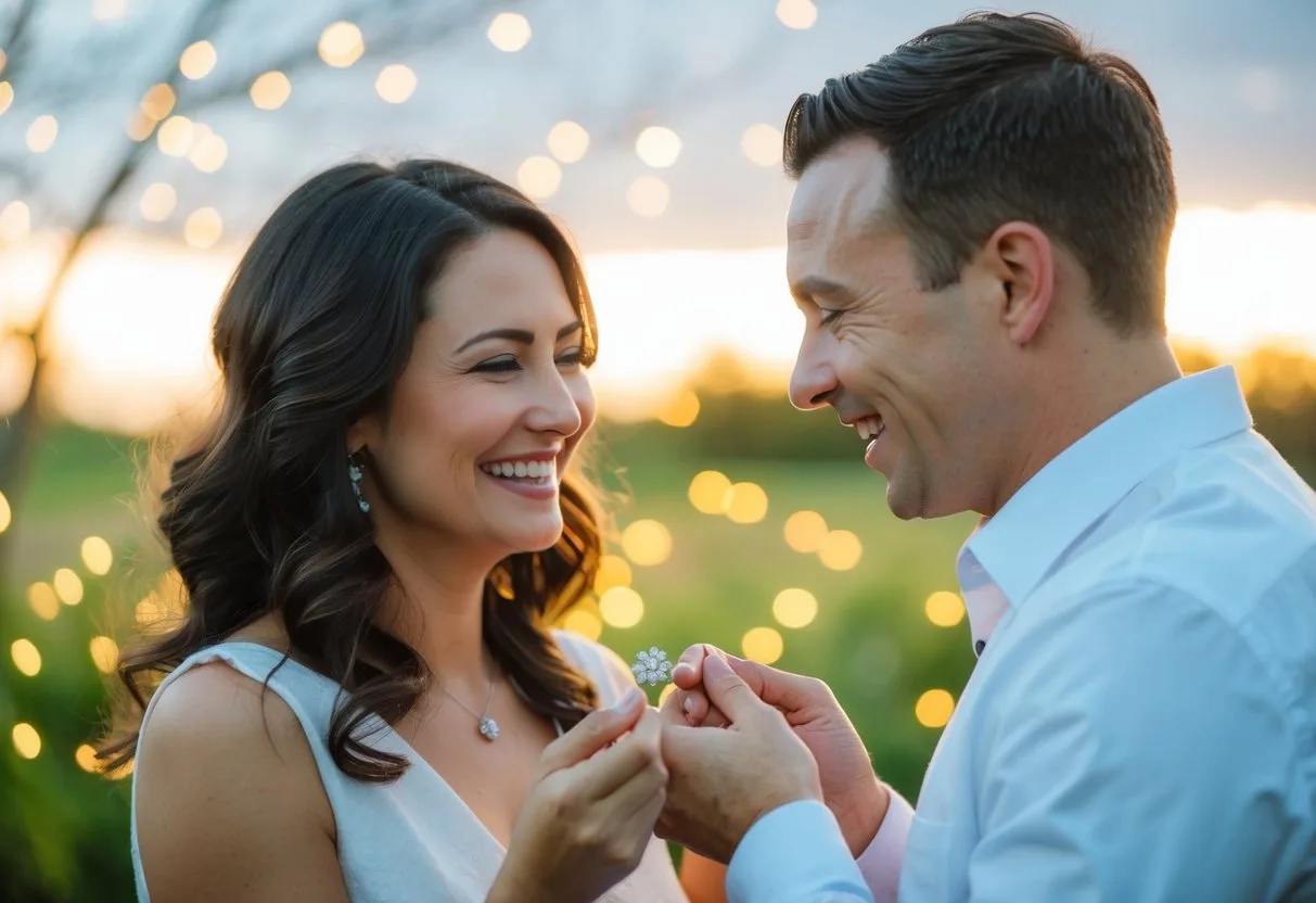 A couple exchanging a delicate piece of jewelry their faces lit up with joy
